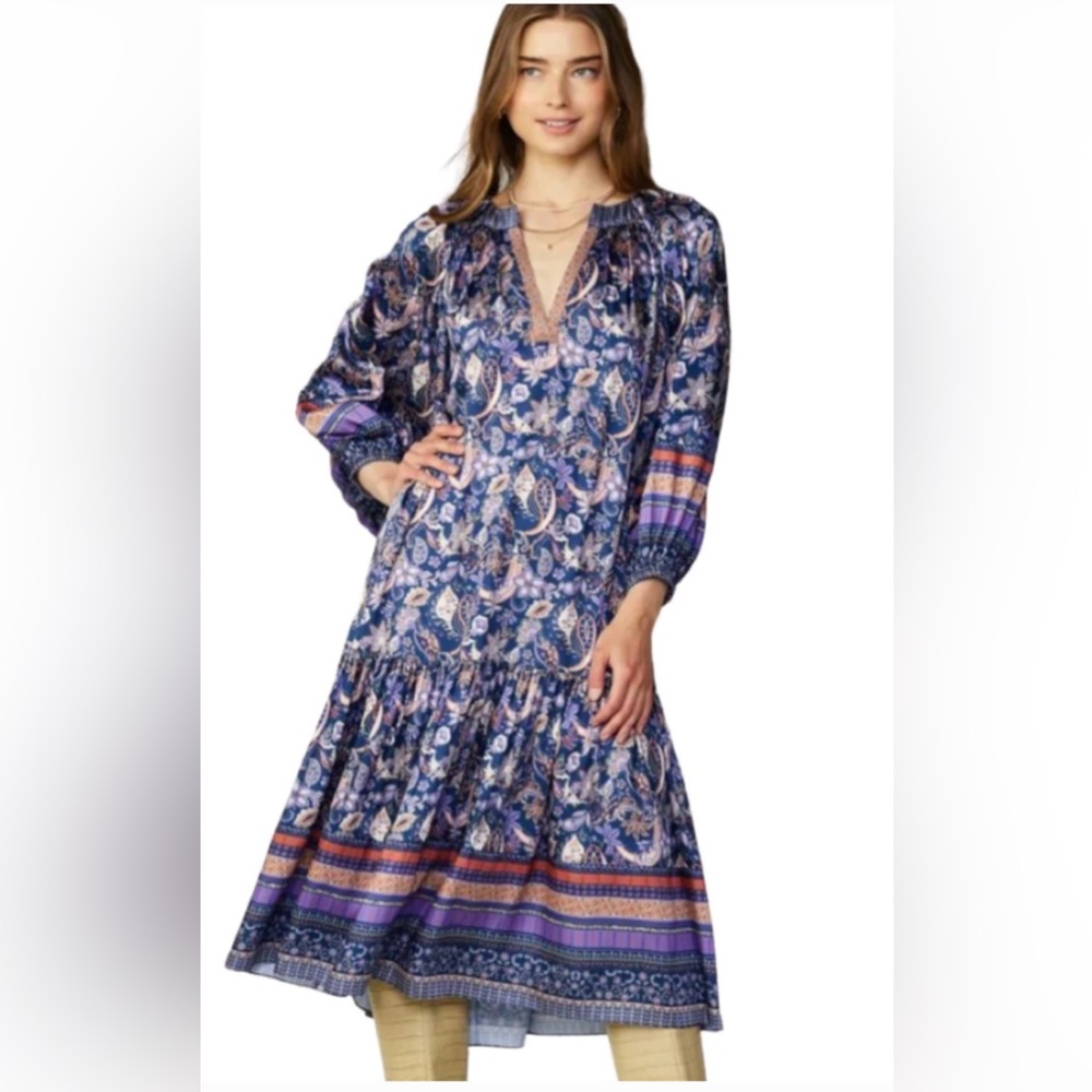 Floral Blue and Purple Women's Dress Current Air Border Print Midi Dress nwot
